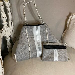 HAUTE SHORE Grayson tote in gray white and silver with clutch